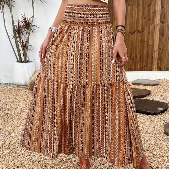 Brown Tribal Print Smocked Waist Boho Skirt - Picture 2 of 6